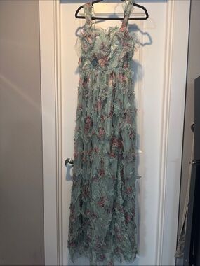 Elegant Sage Green Floral Ruffle Maxi Dress